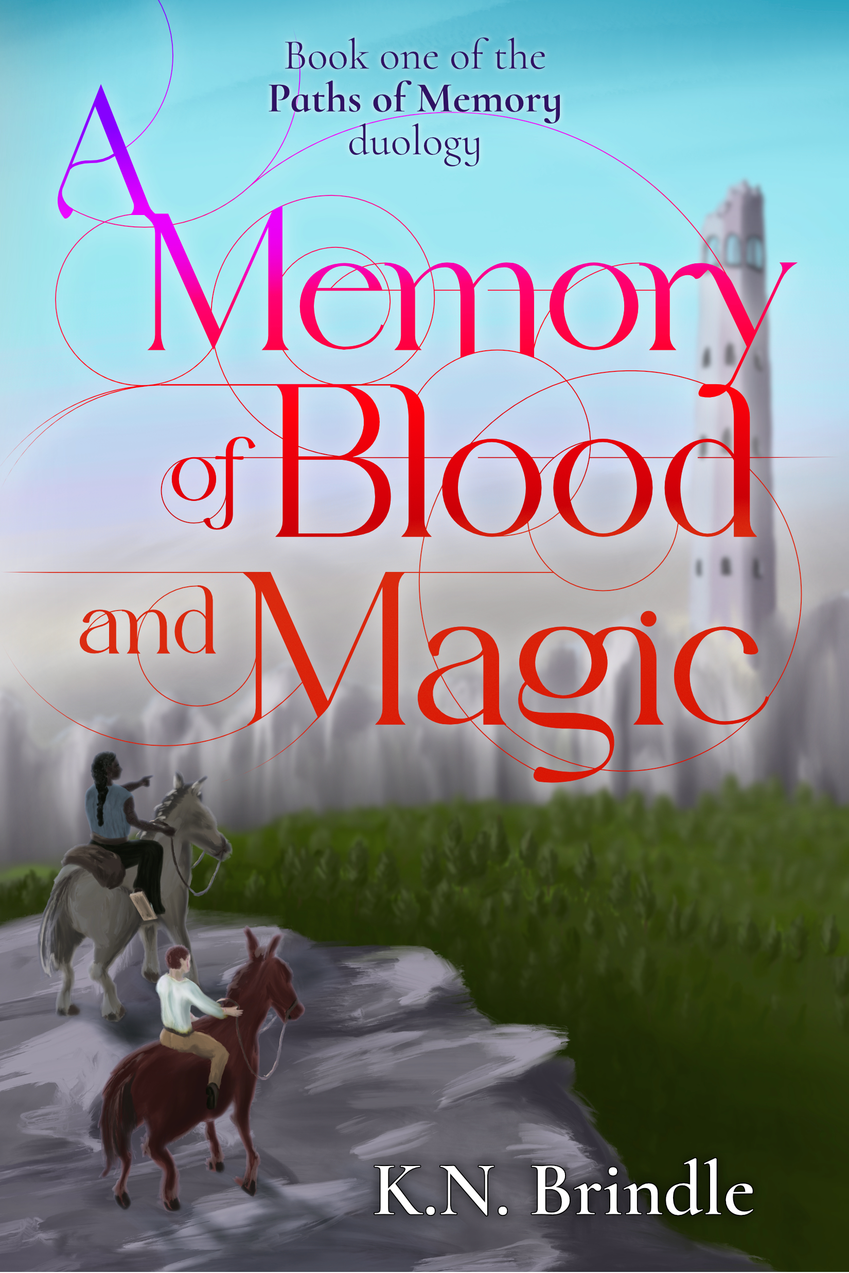 Two people riding mules at the edge of a cliff in the foreground, facing away into the distance. One is pointing across a densely forested valley to distant cliffs where a ruined tower rises against a blue and pink sky.

  The title of the book fills the cover in a smooth gradient from purple to blood red, with circular tracery extending from the letters serifs and ascenders to form a web of intersecting paths.