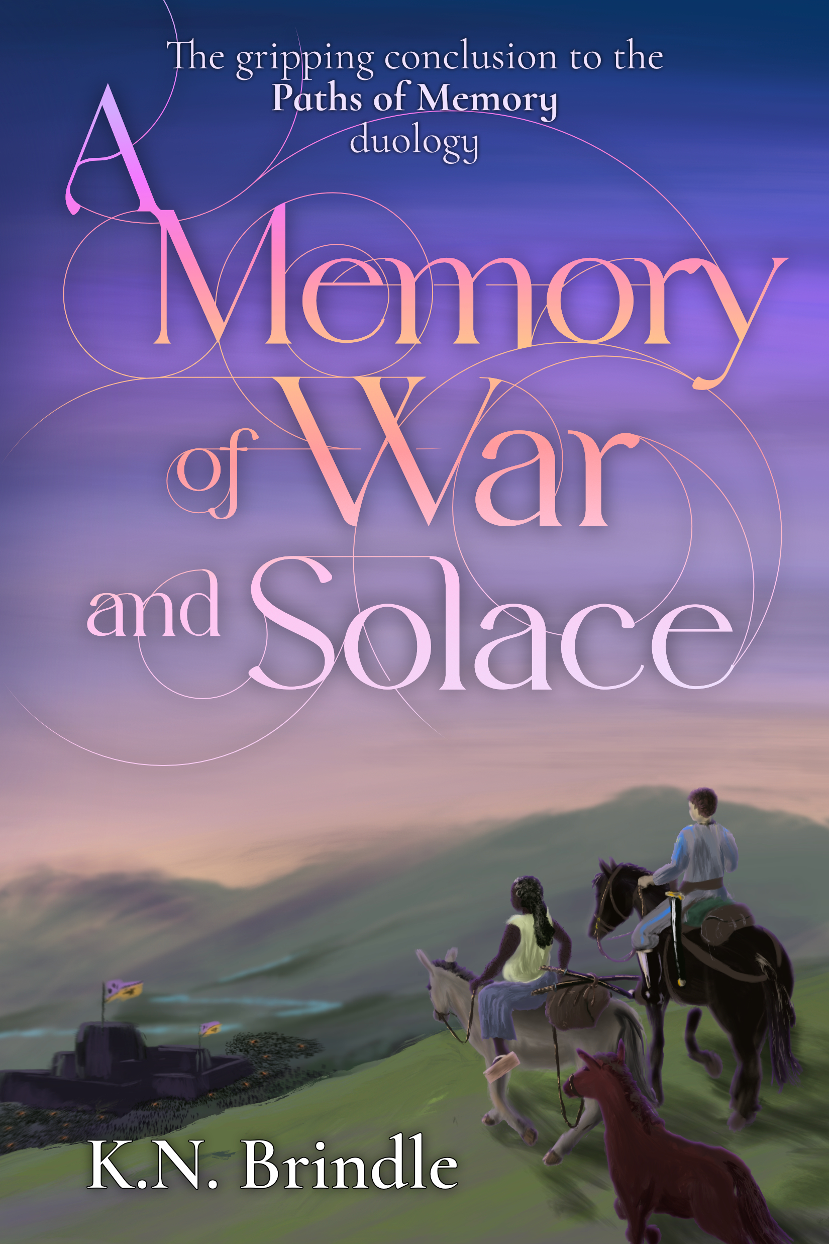 Two people riding at the top of a hill in the foreground, facing away into the distance. One rides a gray mule, the other a horse. Down rolling hills to a distant valley, a dark fortification stands, surrounded by the campfires and purple and orange banners of an army in black. The sun is setting in the distance.

  The title of the book fills the cover in a smooth gradient from pinks to oranges, with circular tracery extending from the letters serifs and ascenders to form a web of intersecting paths.